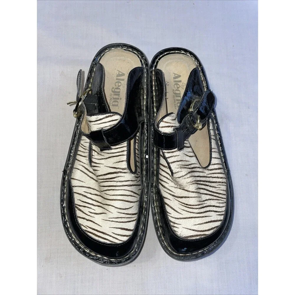 Alegria Women’s Platform Slides Size 39 U.S. 8 M Black Patent & Ivory Leather